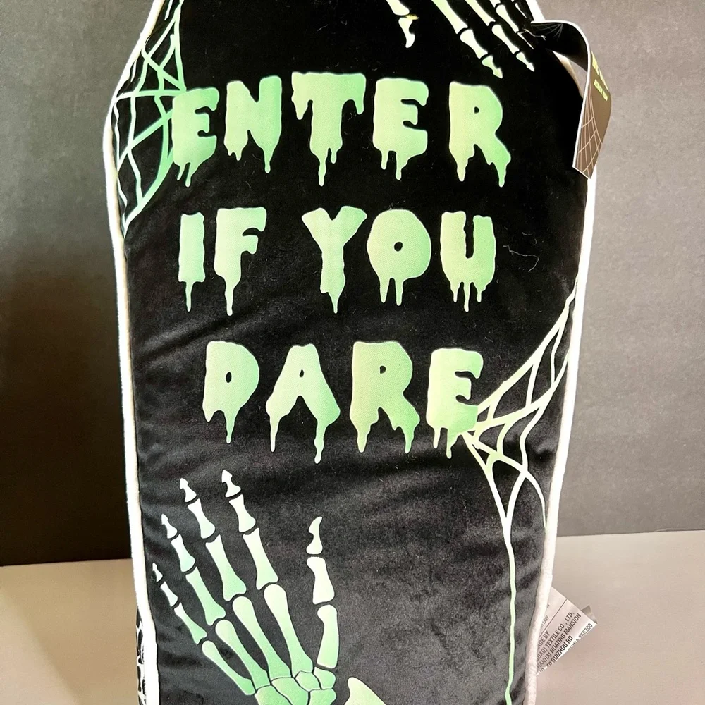 Halloween Glow in the Dark Coffin Throw Pillow Enter if you Dare Skeleton Hands